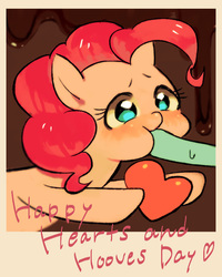 Size: 567x709 | Tagged: dead source, safe, artist:hotomura, pinkie pie, earth pony, pony, g4, female, heart, hearts and hooves day, hoof in mouth, mare, no pupils, pixiv, polaroid