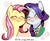 Size: 467x386 | Tagged: safe, artist:hotomura, fluttershy, rarity, filli vanilli, g4, :>, blushing, bowtie, bust, cute, duo, eyes closed, necktie, pixiv, ponytones outfit, portrait, raribetes, shyabetes