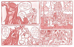 Size: 800x508 | Tagged: safe, artist:vavacung, princess celestia, princess luna, queen chrysalis, twilight sparkle, changeling, changeling queen, pony, comic:when villain win, g4, alternate universe, bipedal leaning, comic, dancing, female, male, monochrome, parade, wedding