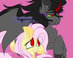Size: 500x400 | Tagged: source needed, useless source url, safe, artist:thesombrashyshady, fluttershy, king sombra, pegasus, pony, unicorn, g4, ask, colored horn, curved horn, dialogue, fangs, female, flutterbat, horn, male, mare, ship:sombrashy, sombra eyes, sombra horn, stallion, straight
