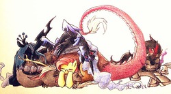 Size: 500x275 | Tagged: artist needed, safe, angel bunny, discord, fluttershy, king sombra, nightmare moon, queen chrysalis, alicorn, changeling, changeling queen, draconequus, pegasus, pony, rabbit, unicorn, g4, animal, antagonist, cuddle puddle, cuddling, eyes closed, female, male, mare, on back, open mouth, pile, prone, sleeping, sleeping together, smiling, snuggling, traditional art