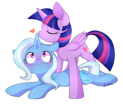 Size: 600x512 | Tagged: dead source, safe, artist:sion, trixie, twilight sparkle, alicorn, pony, g4, blushing, female, frown, heart, kissing, lesbian, looking up, lying down, mare, prone, ship:twixie, shipping, sploot, twilight sparkle (alicorn), wide eyes