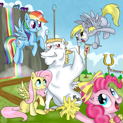 Size: 1000x1000 | Tagged: safe, artist:swanlullaby, bulk biceps, derpy hooves, fluttershy, pinkie pie, rainbow dash, pegasus, pony, g4, cheerleader pinkie, female, male, mare, ship:flutterbulk, shipping, straight