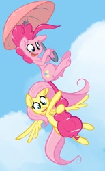Size: 1179x1920 | Tagged: safe, artist:whydomenhavenipples, fluttershy, pinkie pie, g4, cloud, cloudy, falling, female, flying, lesbian, ship:flutterpie, sky, suspended, umbrella