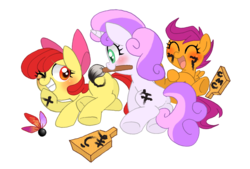 Size: 2038x1377 | Tagged: safe, artist:ikumokanata, apple bloom, scootaloo, sweetie belle, g4, body writing, brush, cutie mark crusaders, face doodle, hanetsuki, ink, paintbrush, pixiv, tickling