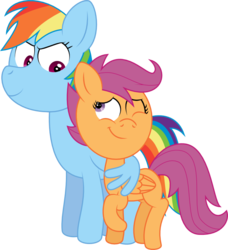 Size: 692x758 | Tagged: safe, artist:derpiluv, rainbow dash, scootaloo, g4, big head, hug, wings