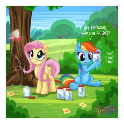 Size: 1200x1200 | Tagged: safe, artist:mysticalpha, fluttershy, rainbow dash, breezie, pegasus, pony, g4, it ain't easy being breezies, bottled character, duo, jar, jars, outdoors, shaking, sitting, standing