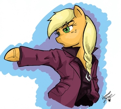 Size: 1083x973 | Tagged: safe, artist:nayaasebeleguii, applejack, earth pony, pony, g4, ace attorney, bipedal, clothes, female, klavier gavin, parody, solo