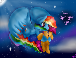 Size: 1024x780 | Tagged: safe, artist:amberony, rainbow dash, scootaloo, pegasus, pony, g4, cloud, dialogue, duo, duo female, female, moon, night, scootalove, sky