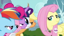 Size: 1536x857 | Tagged: safe, screencap, applejack, fluttershy, pinkie pie, rainbow dash, rarity, twilight sparkle, alicorn, pony, g4, it ain't easy being breezies, all new, female, lidded eyes, mane six, out of context, twilight sparkle (alicorn)
