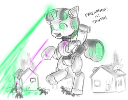 Size: 1133x890 | Tagged: dead source, safe, artist:alloyrabbit, sweetie belle, changeling, pony, robot, robot pony, unicorn, g4, bipedal, destruction, fallout, fallout 3, fangs, female, fight, filly, fire, foal, giant robot, hooves, horn, laser, liberty prime, nuclear football, nuclear weapon, open mouth, partial color, sweetie bot, text, x eyes