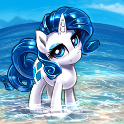 Size: 1600x1600 | Tagged: safe, artist:kp-shadowsquirrel, rarity, g4, beach, eyelashes, female, looking at you, solo, unamused, water
