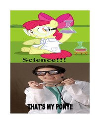 Size: 483x597 | Tagged: safe, edit, edited screencap, screencap, apple bloom, earth pony, human, pony, g4, season 4, twilight time, caption, clothes, dr. insano, female, filly, foal, irl, irl human, lab coat, male, meme, photo, science, that's my pony, that's my x, the spoony experiment