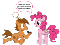Size: 6394x4801 | Tagged: safe, artist:greenlinzerd, pinkie pie, oc, oc:ginger snap (browniecomicwriter), g4, absurd resolution, canon x oc, female, male, marriage proposal, ring, shipping, simple background, straight, transparent background, what do