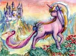 Size: 1024x759 | Tagged: safe, artist:eccentricteatime, oc, oc only, oc:sugar moon, classical unicorn, horn, leonine tail, solo, traditional art