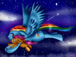 Size: 1024x780 | Tagged: safe, artist:amberony, rainbow dash, scootaloo, g4, duo, flying, night, scootalove, stars