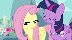 Size: 1920x1080 | Tagged: safe, screencap, cotton (g4), fluttershy, seabreeze, star breeze, twilight sparkle, twirly, alicorn, breezie, pony, g4, it ain't easy being breezies, animated, blushing, cute, duo, duo female, female, folded wings, hub logo, mare, shyabetes, twiabetes, twilight sparkle (alicorn), unnamed breezie, unnamed character, wings