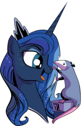 Size: 3191x5000 | Tagged: safe, artist:amorecadenza, artist:andypriceart, idw, princess luna, tiberius, opossum, pony, g4, animal, boop, cute, female, high res, lunabetes, mare, open mouth, pet, simple background, transparent background