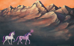 Size: 900x563 | Tagged: safe, artist:ladyinsomnia22, rarity, twilight sparkle, g4, glowing horn, horn, mountain, realistic