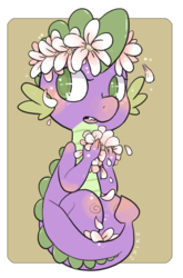 Size: 2128x3220 | Tagged: safe, artist:swampyfish, spike, dragon, g4, baby, baby dragon, blushing, colored pupils, cute, floral head wreath, flower, girly, green eyes, heart eyes, male, petals, simple background, solo, spikabetes, wingding eyes