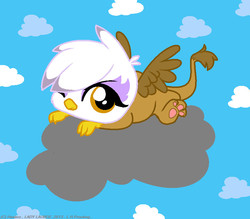Size: 851x747 | Tagged: safe, artist:lauboz, gilda, griffon, g4, chick, chickub, cloud, cloudy, cub, cute, female, gildadorable, paw pads, solo, wink, younger