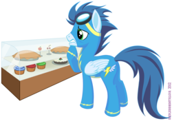 Size: 1861x1307 | Tagged: safe, artist:endlessnostalgia, soarin', pegasus, pony, g4, cake, choice, goggles, male, muffin, nervous, pie, simple background, solo, stallion, that pony sure does love pies, transparent background, wonderbolts uniform