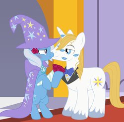 Size: 899x888 | Tagged: dead source, safe, artist:dcencia, prince blueblood, trixie, pony, unicorn, g4, blushing, female, great and powerful kisses, male, mare, ship:bluetrix, shipping, stallion, straight