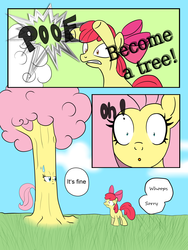 Size: 3000x4000 | Tagged: safe, artist:resonance, apple bloom, fluttershy, earth pony, pony, g4, twilight time, comic, dendrification, duo, female, filly, fluttertree, i'd like to be a tree, magic, transformation