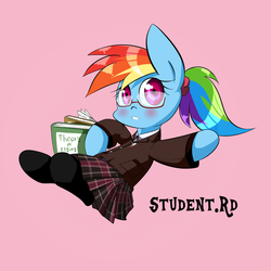 Size: 2000x2000 | Tagged: safe, artist:joycall6, rainbow dash, g4, book, clothes, female, glasses, rainbow dork, schoolgirl, solo