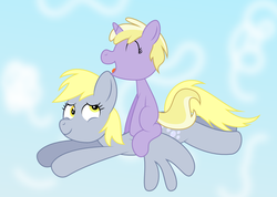 Size: 1126x801 | Tagged: source needed, safe, artist:derpiluv, derpy hooves, dinky hooves, pegasus, pony, g4, dinky riding derpy, equestria's best mother, female, flying, mare, ponies riding ponies, riding