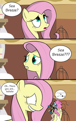 Size: 1700x2700 | Tagged: safe, artist:pandramodo, fluttershy, seabreeze, breezie, pegasus, pony, g4, it ain't easy being breezies, comic, crushed, female, grin, gritted teeth, male, nervous, scene parody, smiling, wide eyes