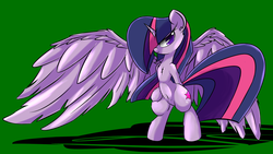 Size: 1024x579 | Tagged: safe, artist:madacon, twilight sparkle, alicorn, pony, g4, belly button, bipedal, chest fluff, female, human shoulders, large wings, mare, solo, twilight sparkle (alicorn), wings