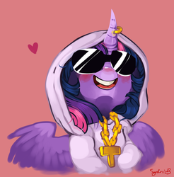 Size: 835x849 | Tagged: safe, artist:xenon, twilight sparkle, alicorn, pony, g4, bling, clothes, female, hoodie, horn, horn piercing, jewelry, mare, necklace, open mouth, piercing, solo, sunglasses, swag, twilight sparkle (alicorn), twilightlicious