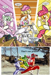 Size: 723x1053 | Tagged: safe, artist:tony fleecs, idw, official comic, apple bloom, scootaloo, sweetie belle, earth pony, human, pegasus, pony, unicorn, friends forever #2, g4, my little pony: friends forever, spoiler:comic, bandai, comic, cutie mark crusaders, cutiezord, female, filly, foal, hmd, meme, power rangers, power rangers (series), ressha sentai toqger, saban, speech bubble, super sentai