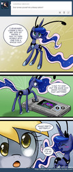 Size: 550x1287 | Tagged: safe, artist:johnjoseco, derpy hooves, princess luna, breezie, butterfly, ask gaming princess luna, gamer luna, g4, it ain't easy being breezies, blushing, breeziefied, comic, game boy, long legs, metroid, metroid fusion, signature, species swap, tumblr