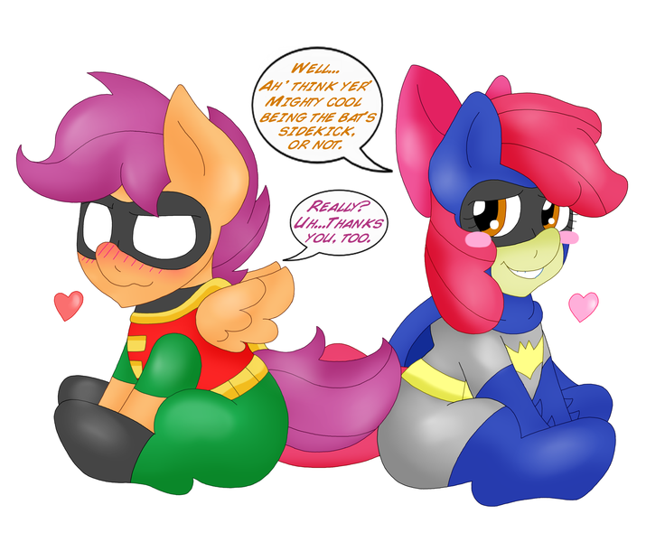 565408 - safe, artist:blackbewhite2k7, apple bloom, scootaloo, earth pony,  pegasus, pony, ask, barbara gordon, batfilly, batgirl, batman, blush  sticker, blushing, crossover, dc comics, dick grayson, female, floating  heart, heart, lesbian, parody, robin,