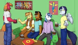 Size: 1029x600 | Tagged: safe, artist:ethanqix, big macintosh, braeburn, shining armor, soarin', spitfire, oc, anthro, g4, canon x oc, cider, poster