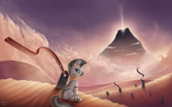 Size: 4000x2500 | Tagged: safe, artist:rain-gear, zecora, zebra, g4, braille, crossover, desert, dust cloud, ear piercing, earring, female, gravestone, high res, jewelry, journey, looking at you, mountain, neck rings, piercing, sand, scenery, scenery porn, side view, sitting, solo, tail, tail wrap, video game crossover