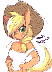 Size: 584x796 | Tagged: safe, artist:sho-n-d, applejack, earth pony, anthro, g4, colored, female, freckles, hat, sketch, solo