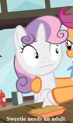 Size: 289x489 | Tagged: safe, edit, screencap, goldengrape, scootaloo, sir colton vines iii, sweetie belle, pegasus, pony, unicorn, g4, twilight time, :|, face, female, foal, french fries, funny, funny face, grabbing, i need an adult, napkins, offscreen character
