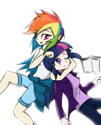 Size: 1240x1535 | Tagged: safe, artist:mrasianhappydude, rainbow dash, twilight sparkle, human, g4, book, humanized, noogie, simple background