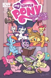 Size: 422x640 | Tagged: safe, artist:katie cook, idw, apple bloom, applejack, fluttershy, pinkie pie, rainbow dash, rarity, scootaloo, spike, sweetie belle, twilight sparkle, g4, spoiler:comic17, age regression, baby, baby apple bloom, baby belle, baby scootaloo, baby sweetie belle, balloon, cover, cutie mark crusaders, egg, female, filly, filly applejack, filly fluttershy, filly pinkie pie, filly rainbow dash, filly rarity, filly twilight sparkle, issue 17, katie does it again, mane six, muppet babies, retailer incentive, spike's egg, younger