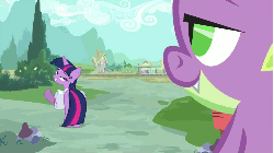 Size: 1750x984 | Tagged: safe, screencap, spike, twilight sparkle, g4, gif, lidded eyes, non-animated gif, out of context, saddle bag