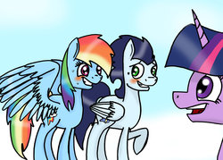 Size: 1024x732 | Tagged: safe, artist:lrusu, rainbow dash, soarin', twilight sparkle, pegasus, pony, g4, blushing, female, male, ship:soarindash, shipping, straight, sweat