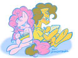 Size: 1024x768 | Tagged: safe, artist:dragonfoxgirl, cheese sandwich, pinkie pie, earth pony, pony, g4, blushing, cooking, female, glasses, male, mare, ship:cheesepie, shipping, simple background, sitting, stallion, straight, transparent background, working, writing