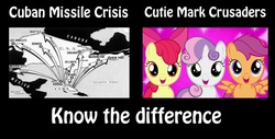 Size: 2806x1421 | Tagged: safe, apple bloom, scootaloo, sweetie belle, g4, bad joke, cuban missile crisis, cutie mark crusaders, know the difference, meme
