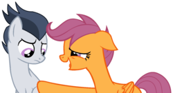 Size: 1200x649 | Tagged: safe, artist:dreamcasterpegasus, rumble, scootaloo, pegasus, pony, g4, colt, drunk, drunkaloo, duo, duo male and female, female, filly, floppy ears, foal, happy, male, ship:rumbloo, shipping, simple background, smiling, straight