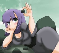 Size: 1720x1540 | Tagged: safe, artist:lucky-jj, maud pie, human, g4, maud pie (episode), blushing, colored pupils, cute, eye clipping through hair, female, humanized, looking at something, maudabetes, rock, solo
