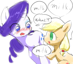 Size: 1000x866 | Tagged: safe, artist:yajima, applejack, rarity, earth pony, pony, unicorn, g4, blushing, female, implied breastfeeding, implied mother, implied pregnancy, implied raricow, implied suckling, mare, raricow, swirly eyes