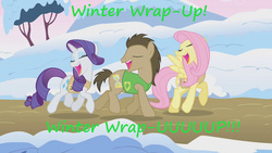 Size: 1280x720 | Tagged: safe, edit, edited screencap, screencap, doctor whooves, fluttershy, rarity, time turner, earth pony, pegasus, pony, unicorn, g4, winter wrap up, eyes closed, female, male, mare, singing, snow, spring, stallion, text